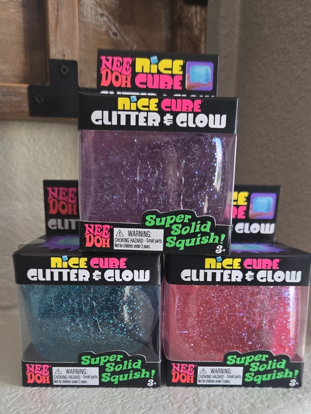 New Needoh Nice Cube Glitter & Glow. Set Of 3 Purple, Pink And Blue